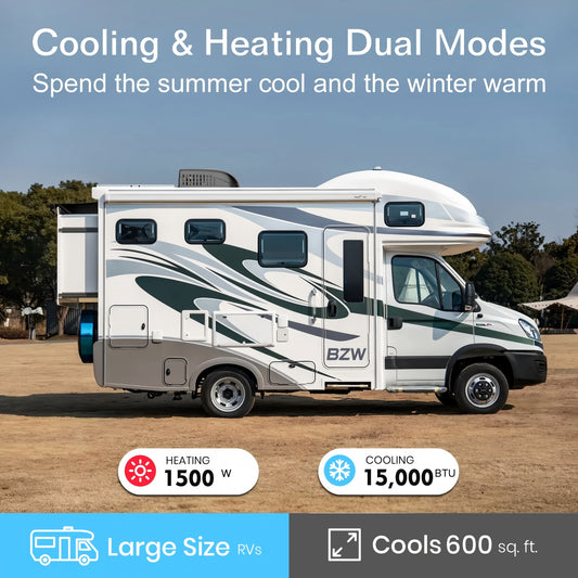 BZW RV Air Conditioner 15000 BTU, 2-in-1 Cooling & Heating, 110-120V, Non-Ducted Rooftop AC Unit with Heat Pump, Quiet AC, Easy Install, All-in-One Unit, For Camper, Fifth Wheel, Food Trucks, Black
