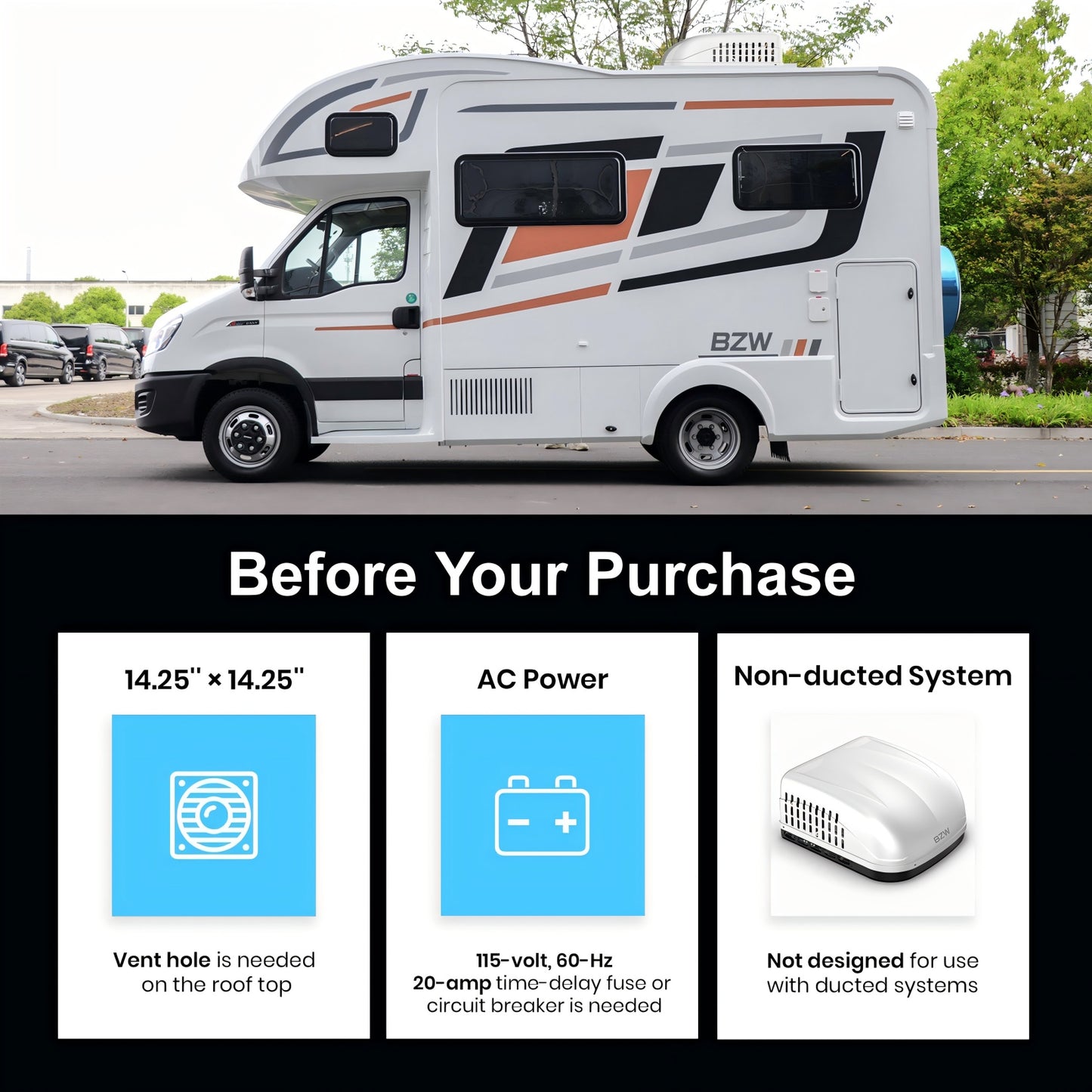 BZW 15000 BTU RV Air Conditioner, Non-Ducted RV Rooftop AC Unit, All in One Unit, Easy Install, Quiet AC, 110-120V, Cooling Only, For Camper, Fifth Wheel, Food Trucks, White