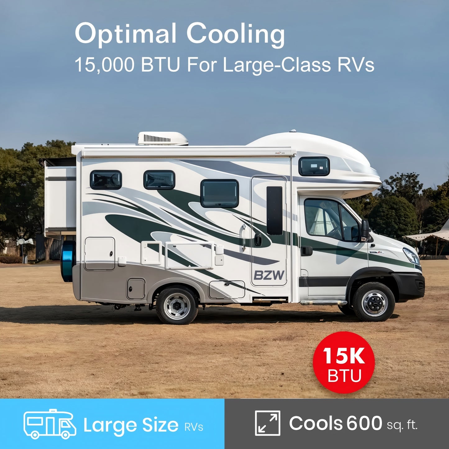 BZW RV Air Conditioner 15K Non-Ducted | Quiet AC, WiFi and Remote Control | 110-120V | Cooling Only | Easy Install | All-in-One Unit | For Camper, Fifth Wheel, Food Trucks, White (PRO)