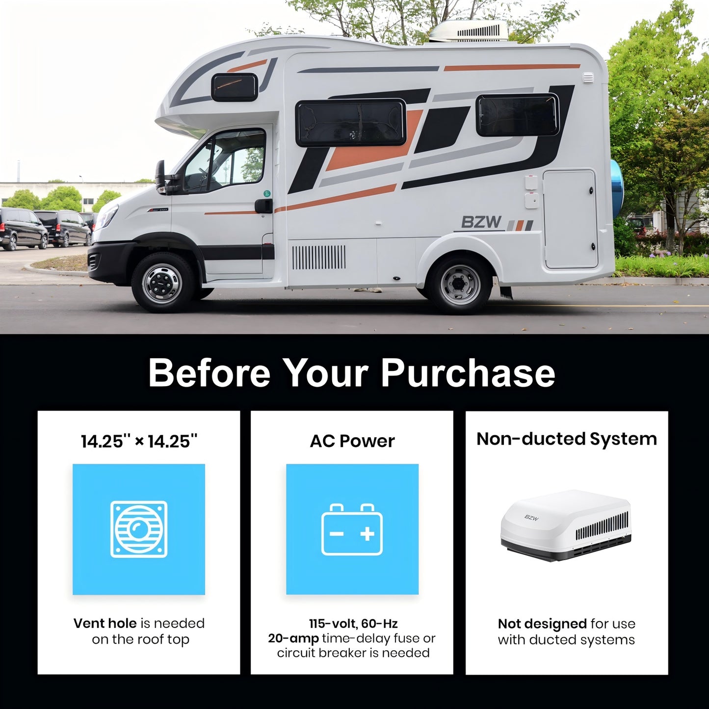 BZW RV Air Conditioner 15K Non-Ducted | Quiet AC, WiFi and Remote Control | 110-120V | Cooling Only | Easy Install | All-in-One Unit | For Camper, Fifth Wheel, Food Trucks, White (PRO)