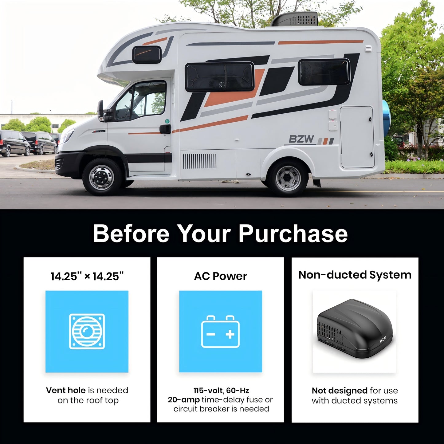BZW RV Air Conditioner 15000 BTU, 2-in-1 Cooling & Heating, 110-120V, Non-Ducted Rooftop AC Unit with Heat Pump, Quiet AC, Easy Install, All-in-One Unit, For Camper, Fifth Wheel, Food Trucks, Black