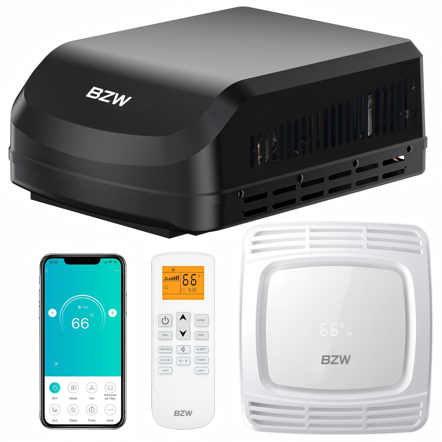 BZW RV Air Conditioner 15K | Heat Pump and Cooling | Quiet AC with WiFi and Remote Control | 110-120V | Rooftop AC Unit RV, Non-Ducted | All-in-One Unit | For Camper, Fifth Wheel, Food Trucks (Black)