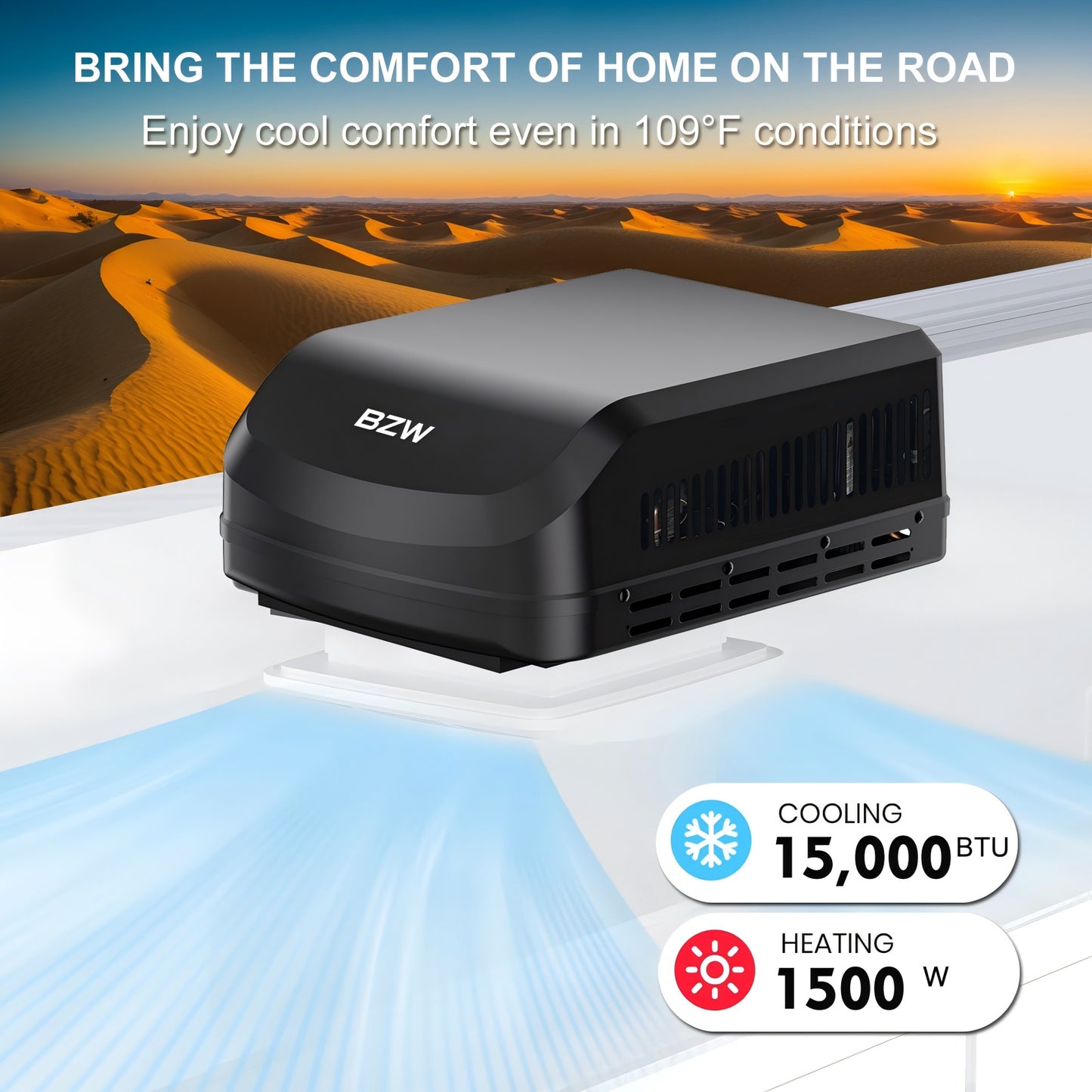 BZW RV Air Conditioner 15K | Heat Pump and Cooling | Quiet AC with WiFi and Remote Control | 110-120V | Rooftop AC Unit RV, Non-Ducted | All-in-One Unit | For Camper, Fifth Wheel, Food Trucks (Black)
