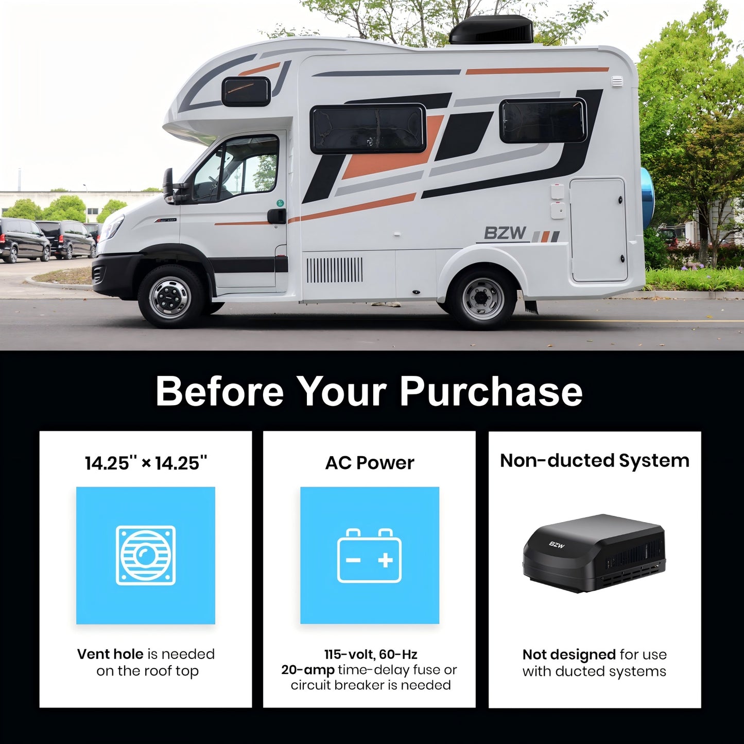 BZW RV Air Conditioner 15K | Heat Pump and Cooling | Quiet AC with WiFi and Remote Control | 110-120V | Rooftop AC Unit RV, Non-Ducted | All-in-One Unit | For Camper, Fifth Wheel, Food Trucks (Black)