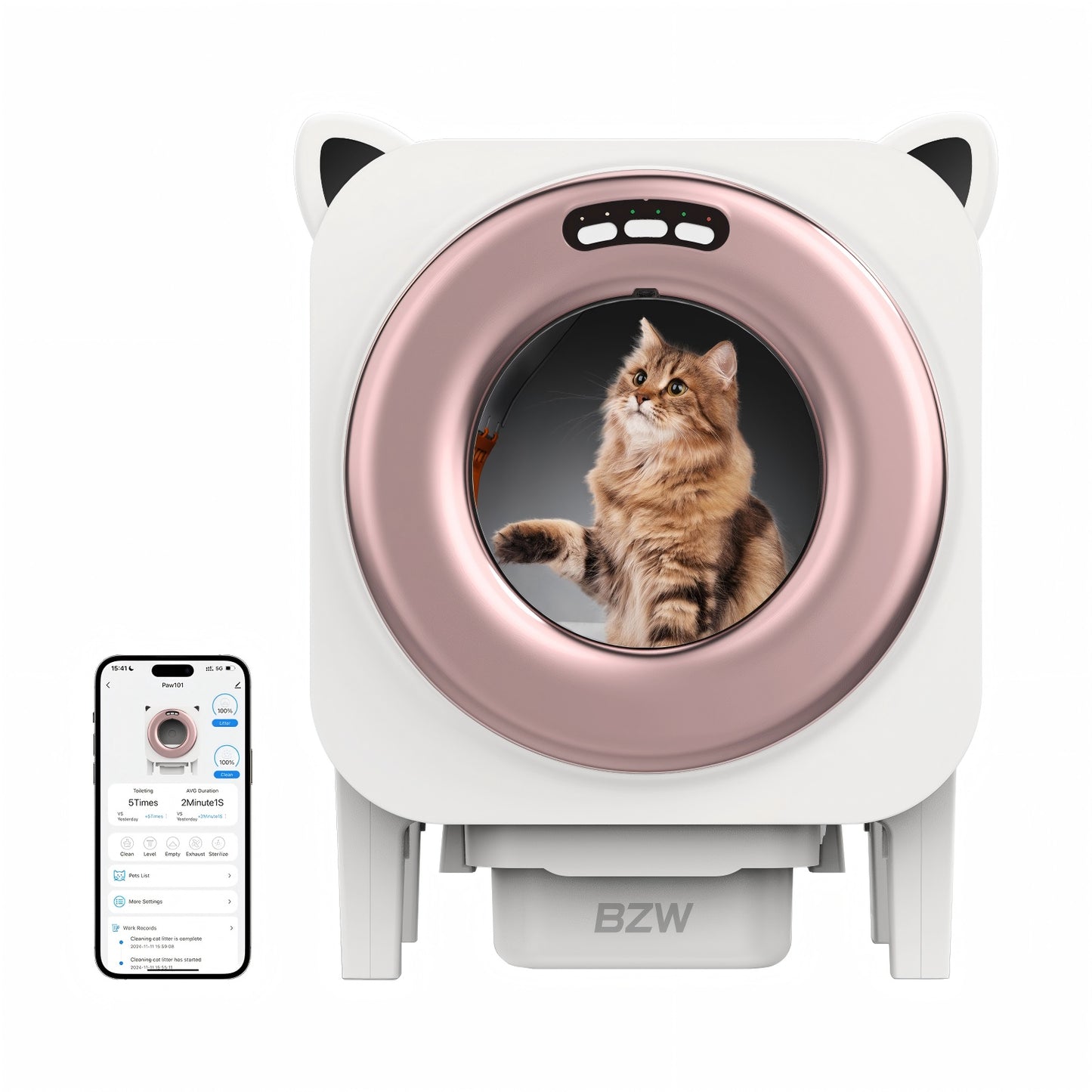 BZW Automatic Cat Litter Box, Self Cleaning Litter Box Large Capacity for Multiple Cats with App Control and Safety Protection, 1 Roll Garbage Bags, Rose gold