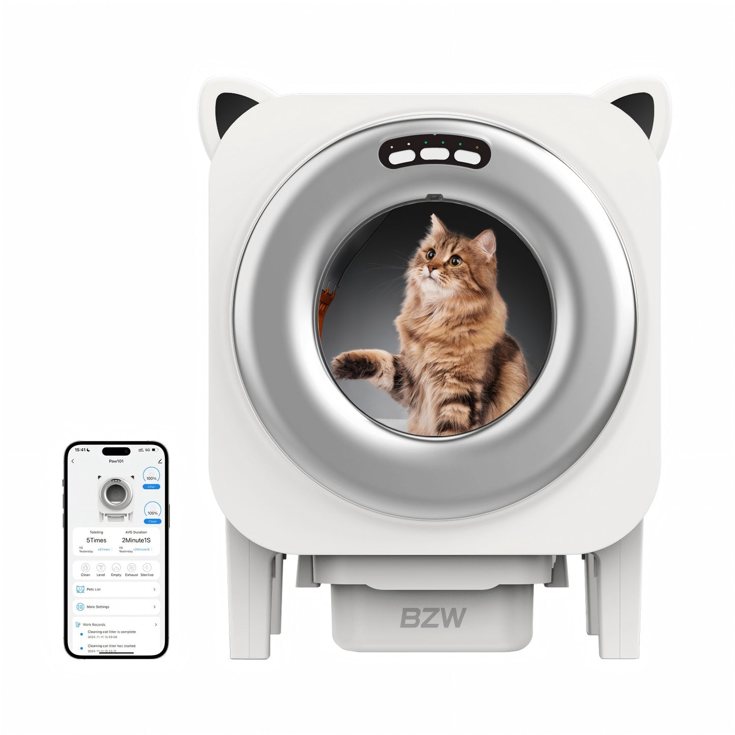 BZW Self Cleaning Litter Box Automatic - Extra Large Self-Cleaning for Multiple Cats - APP-Controlled with Smart Sensors - Odor-Free - Safety Protection - Low Noise, 1 Roll Garbage Bags, Silver